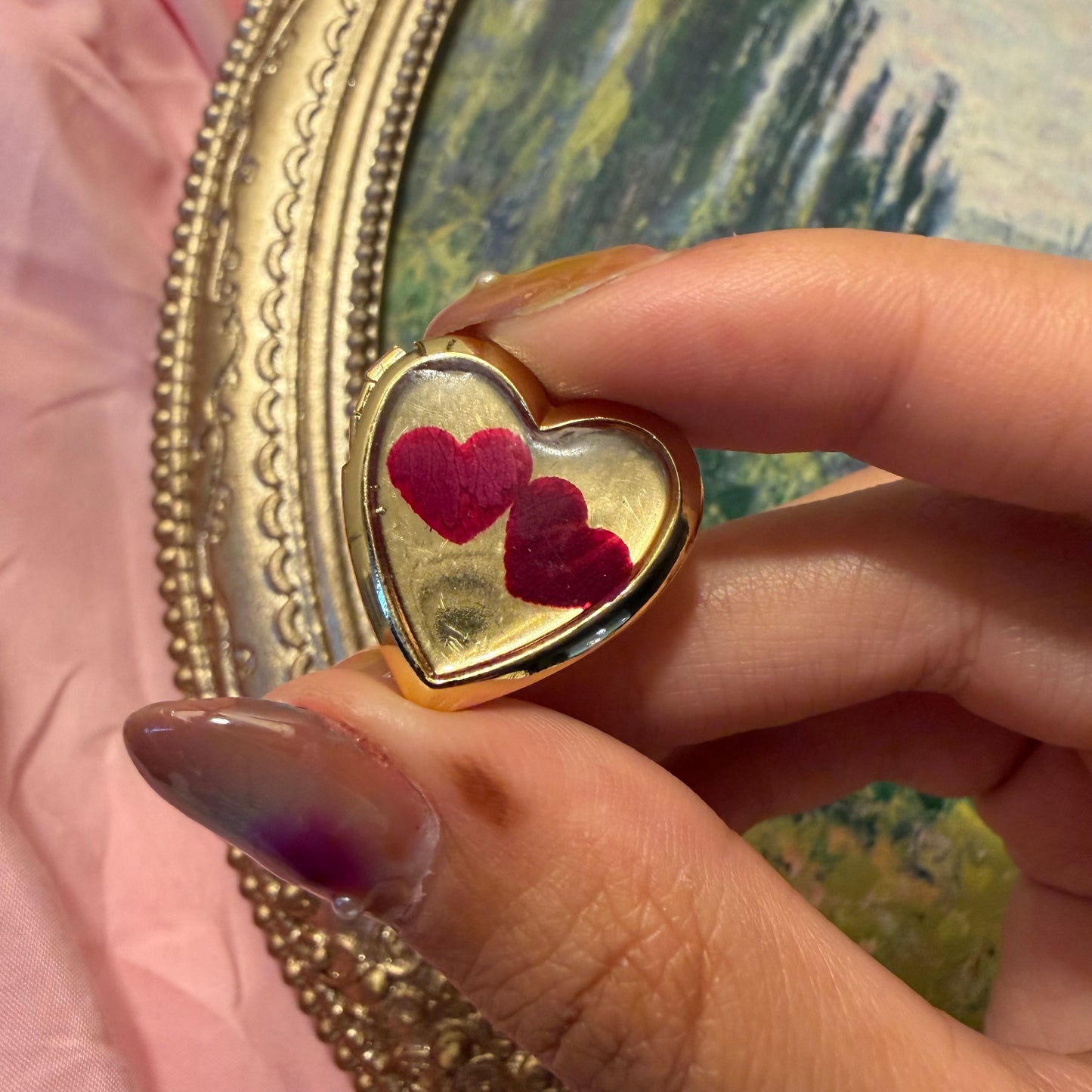 Gold preserved flower locket pin with red petals | Greene Is Gold