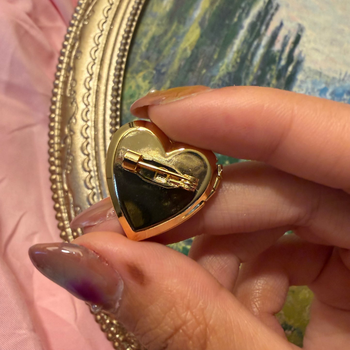 Gold preserved flower locket pin back view | Greene Is Gold