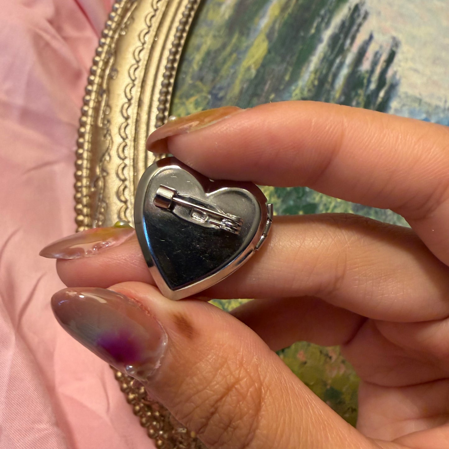 Silver preserved flower locket pin open view | Greene Is Gold