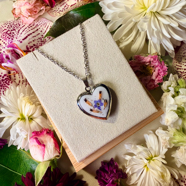 Cyan - Silver Real Flower Locket Necklace